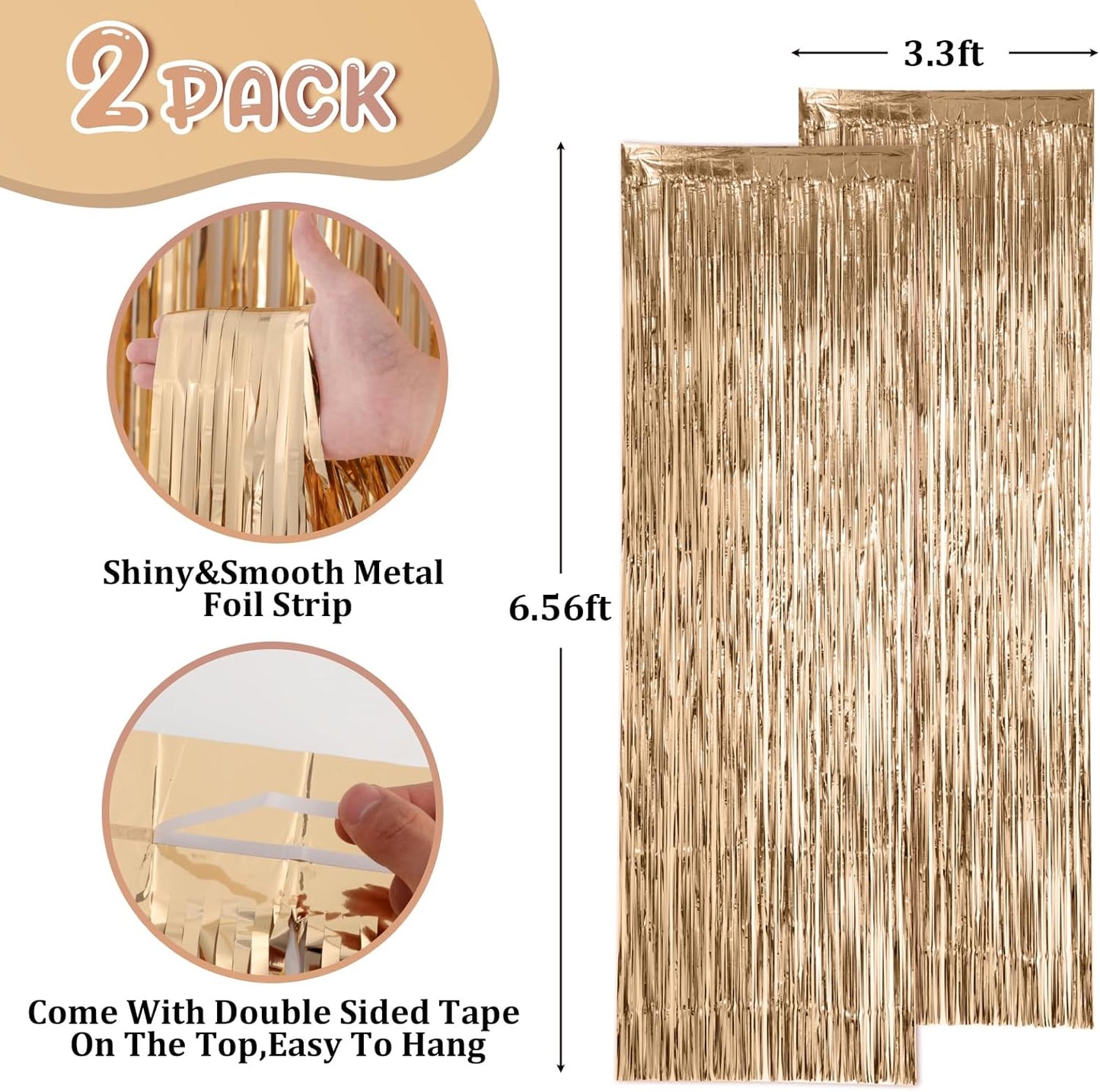 2 Pack Champagne Foil Fringe Backdrop Curtains, Tinsel Streamers Birthday Party Decorations, Fringe Backdrop for Anniversary, New Years, Birthday Party