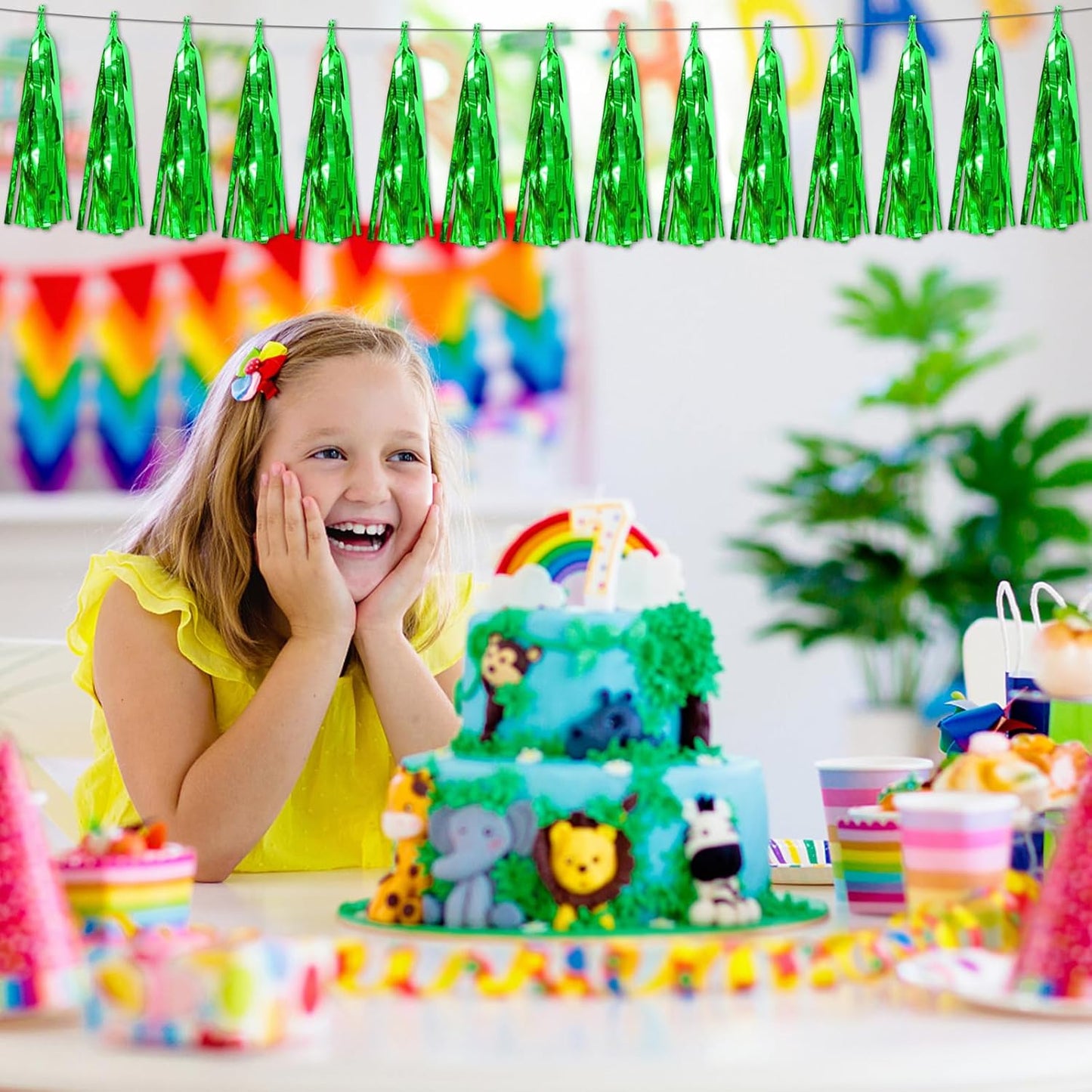 8P Green Foil Fringe Metallic Tassel Streamers Banner Tassel Garland for Parade Floats, Bachelorette, Wedding, Birthday, Halloween, Christmas, Bridal/Baby Shower Party Decorations