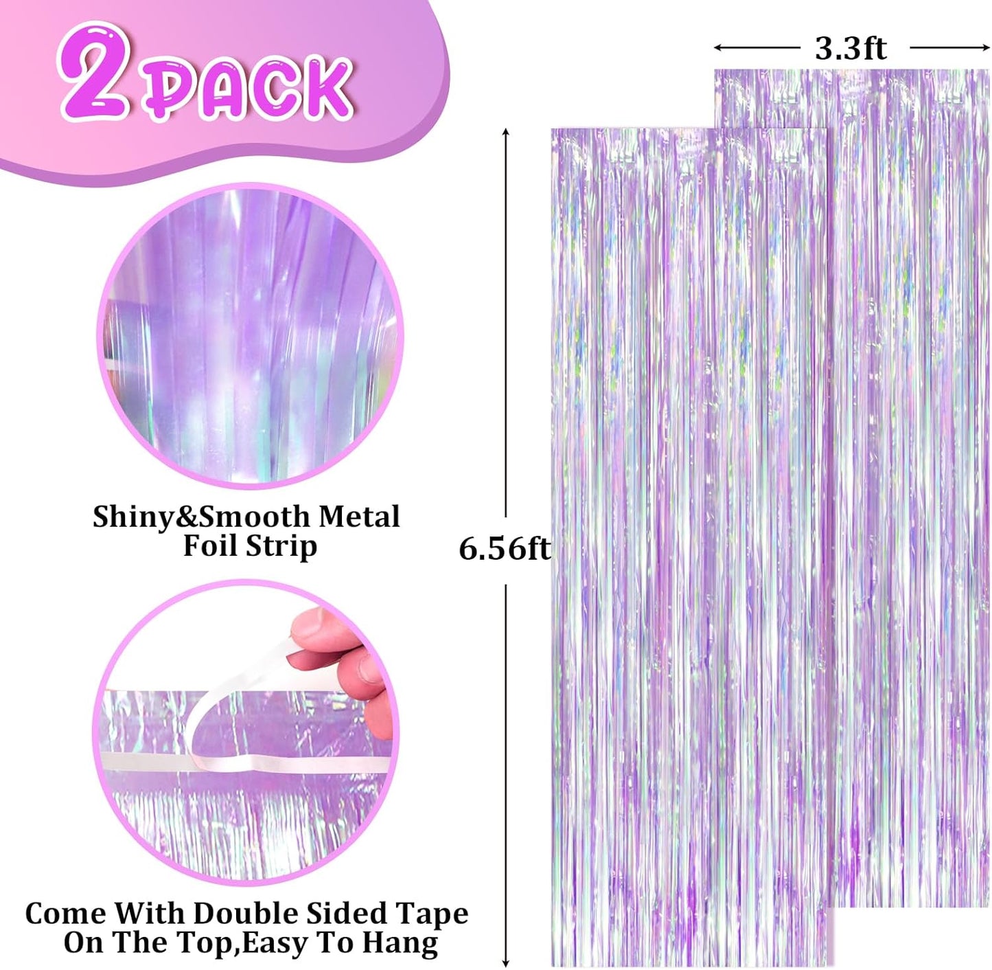 2 Pack Iridescent Purple Foil Fringe Curtains, Glittering Tinsel Streamers Party Decorations,Mermaid Fringe Backdrop for Gir's Birthday, Bachelorette, Baby Shower Theme Party