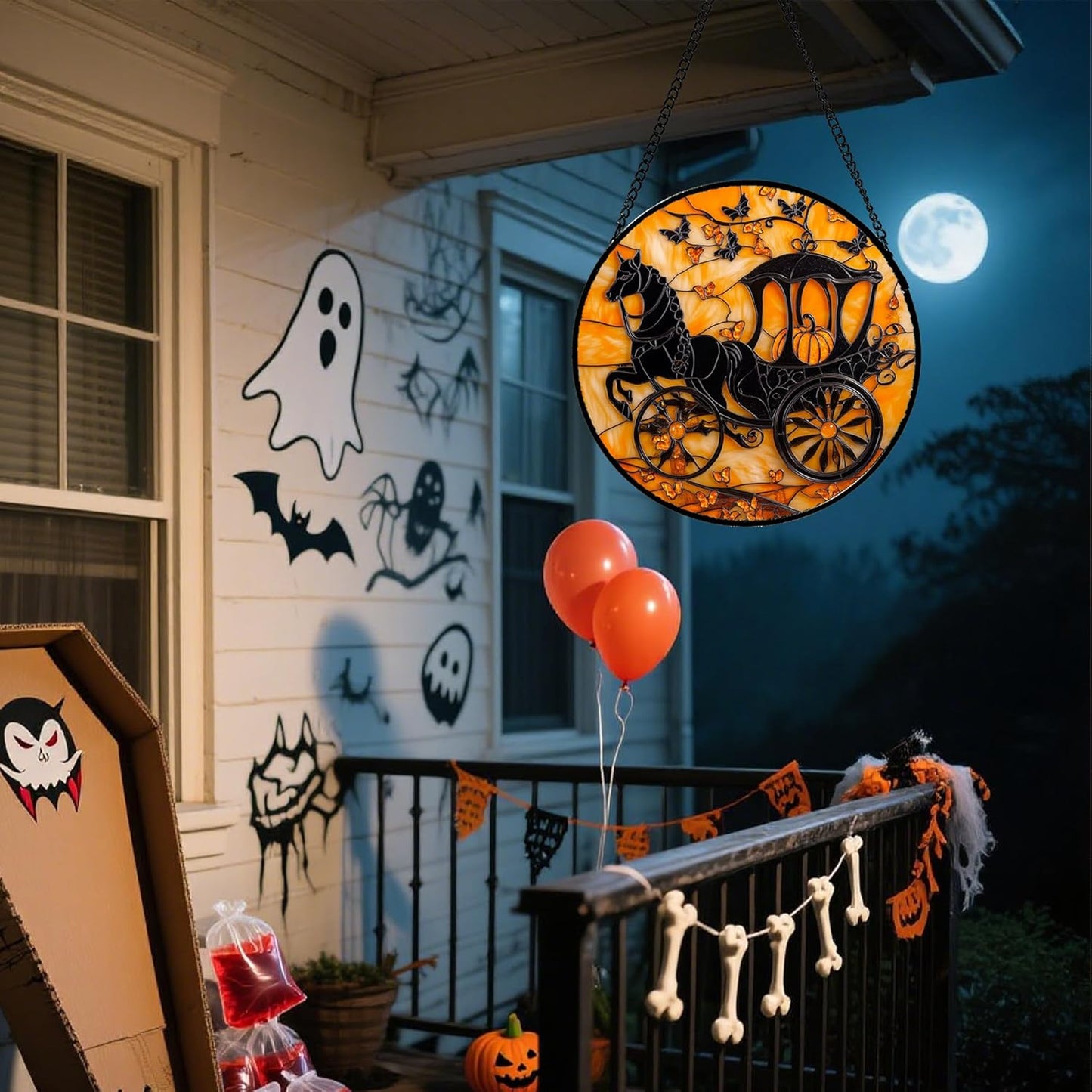 Stained Glass Window Hanging - Halloween Pumpkin Carriage Suncatcher for Doors Window Garden Indoor Spooky Funny Orange Sun Catchers Gothic Decor Horror Gifts for Women Men Friend 11.8 in