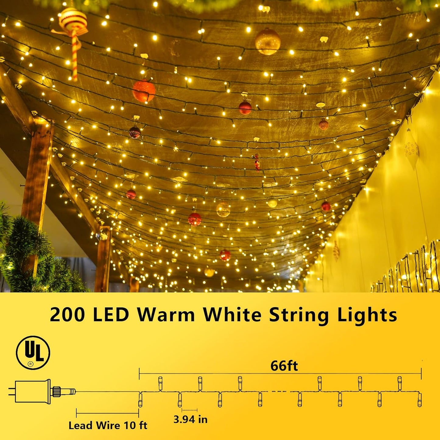 YEGUO 200 LED 66ft Christmas Lights Outdoor Waterproof, Warm White String Light Indoor, 8 Modes Green Wire Twinkle Xmas Tree Light Plug in with Memory Timer