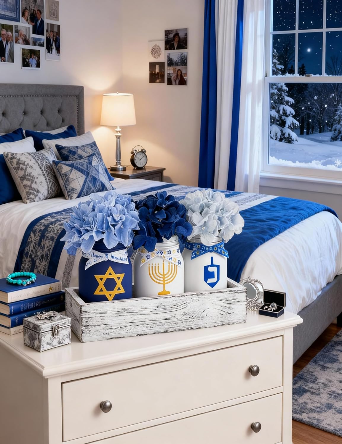 Hanukkah Decorations for Home, Chanukah Table Decor with Mason Jars, Hydrangea, Wood Tray, Hanukkah Gifts Table Centerpieces, 25 Pcs Chanukah Decorations Indoor for Living Room Bedroom