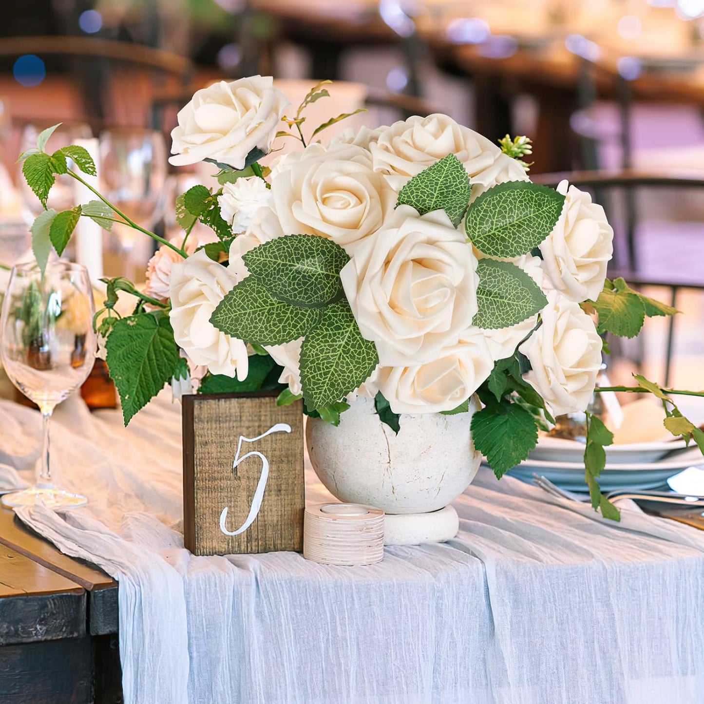 AmyHomie Artificial Flowers Champagne Rose 50pcs Real Looking Fake Roses w/Stem for DIY Wedding Bouquets Centerpieces Arrangements Party Baby Shower Home Decorations