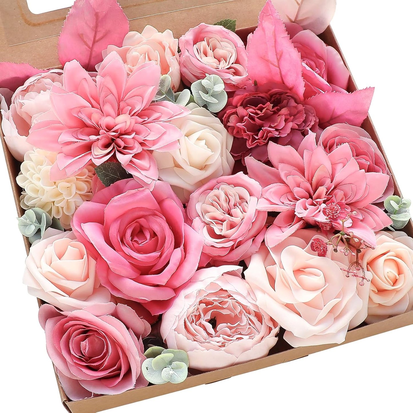 Floroom Hot Pink Blush Artificial Flowers Fake Roses Peonies Dahlias and Greenery Combo Box Set for DIY Wedding Bouquets Bridal Shower Centerpieces Floral Arrangements Party Tables Home Decorations