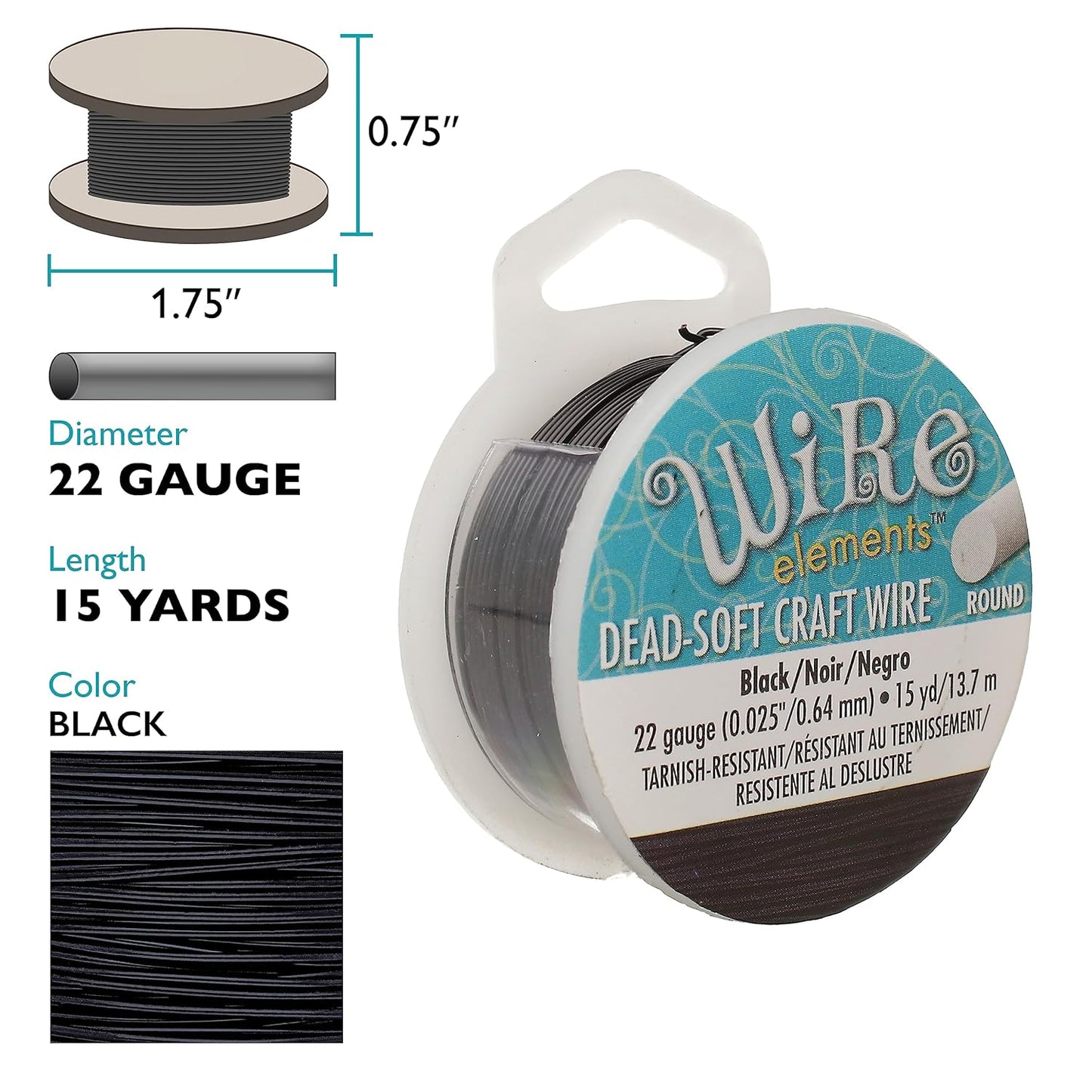 The Beadsmith Wire Elements Craft Wire – Tarnish Resistant, Soft Temper, Round, Black Color – 0.64mm, 22 Gauge, 15 Yard Spool – Jewelry Making, Wire Wrapping, Floral, & Other DIY Crafts