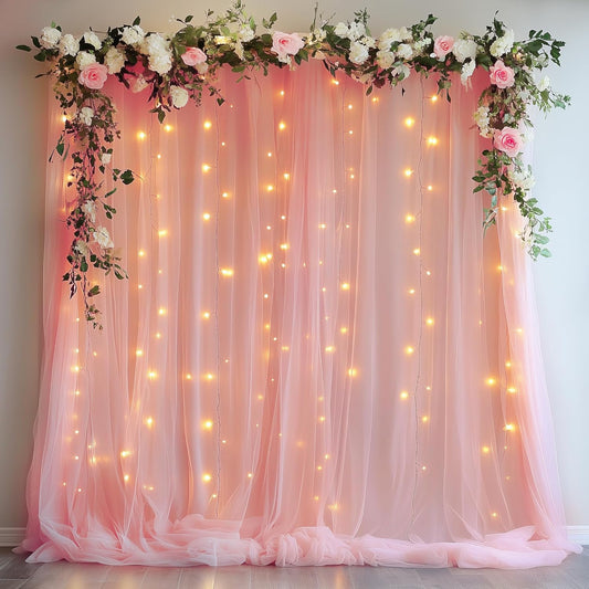 Tulle Backdrop Curtain with Lights String 10FT X 8FT Peach Sheer Tulle Backdrop Curtains for Wedding Birthday Party Reception Photo Booth Background Decorations (2 Panels 5x8FT)