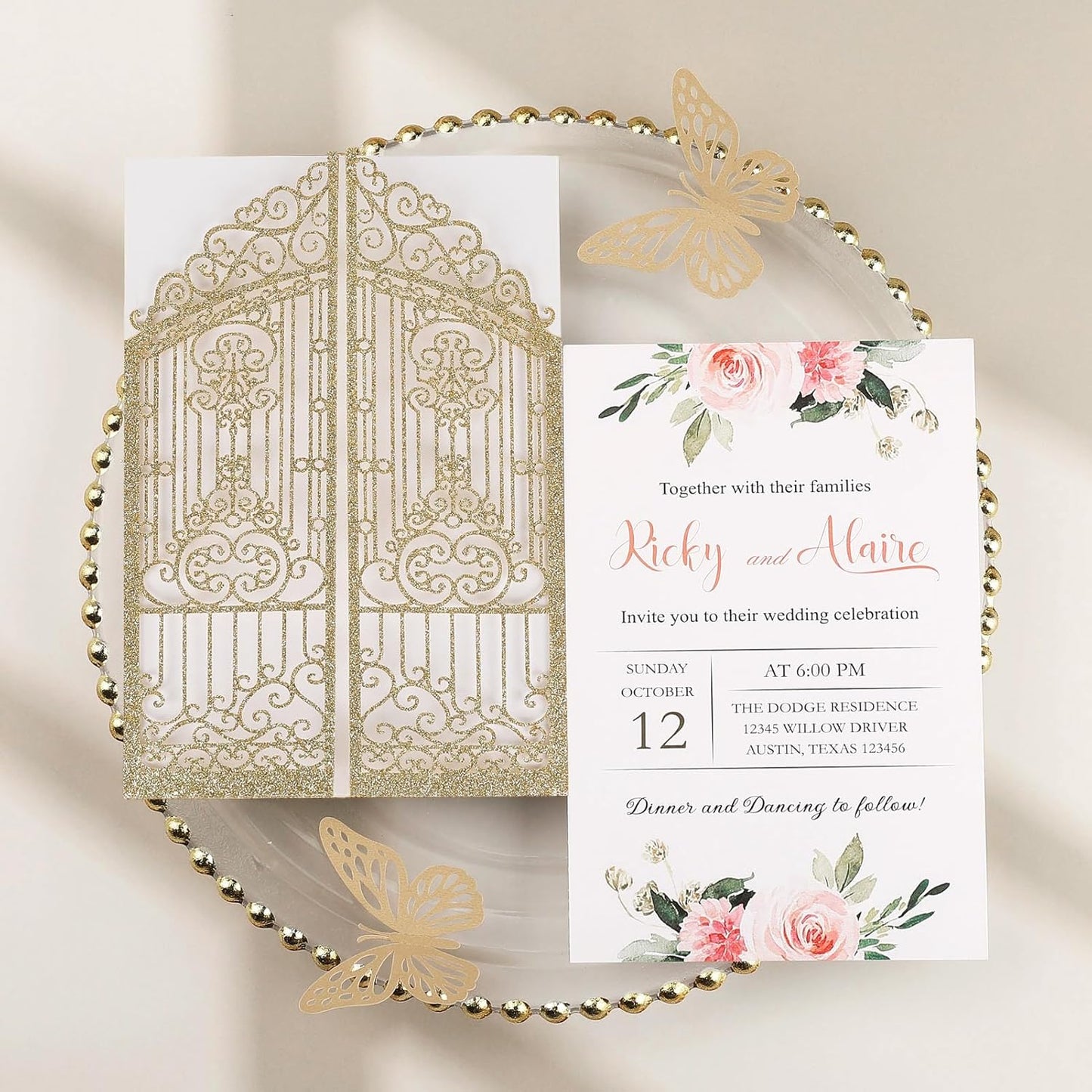 50PCS Gold Glitter Wedding Invitations Laser Cut Invitations with Envelopes and Rsvp Cards Personalized Inserts for Quinceanera Bridal Baby Shower Anniversary Birthday Engagement Fence Fold Design