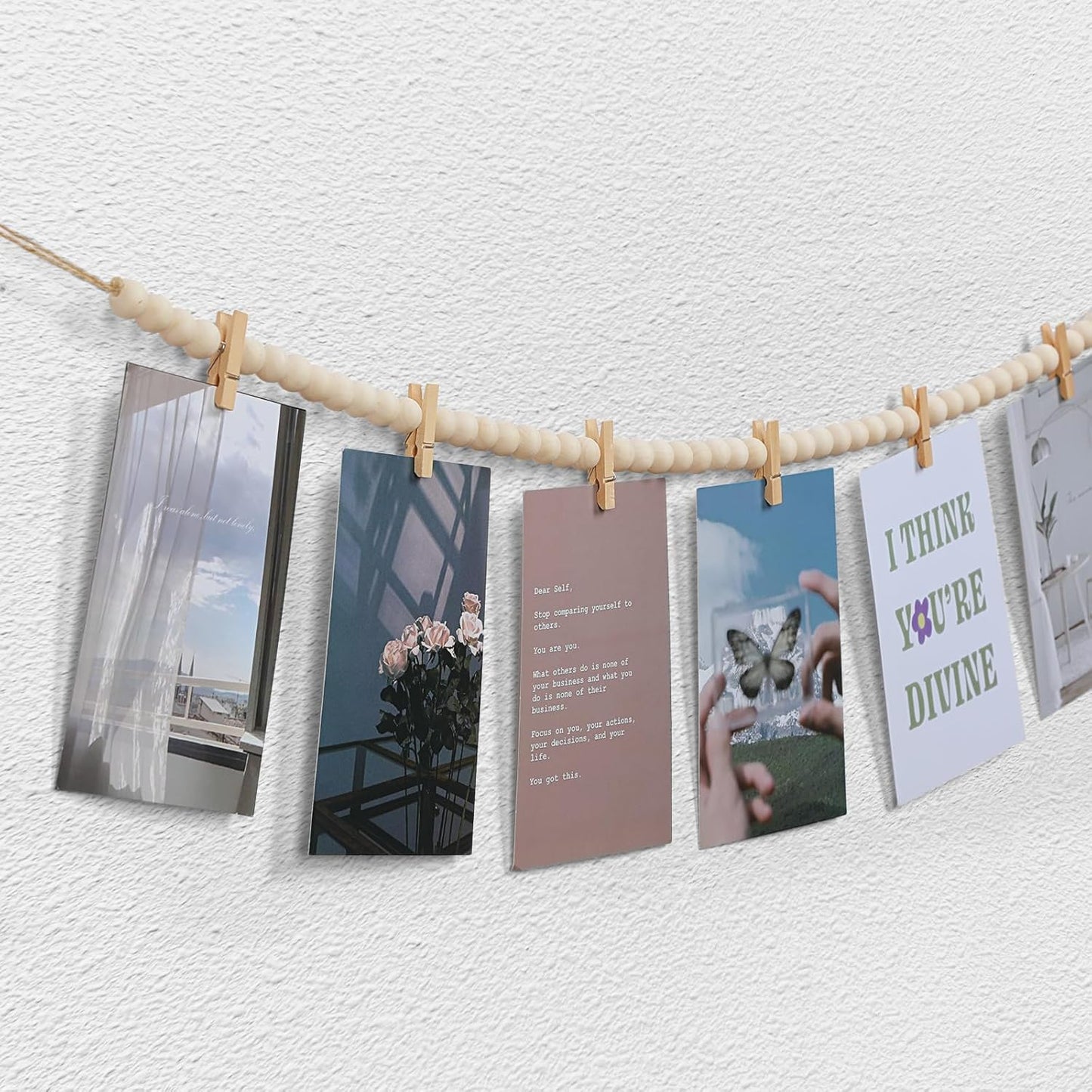 2Pcs Hanging Photo Display with Clips, Boho Wooden Bead Garland Collage Picture Frame Wall Decor, Photo String with 10 Clips for Bedroom Room Dorm Cubicle Decor, Christmas Teen Girls Gifts