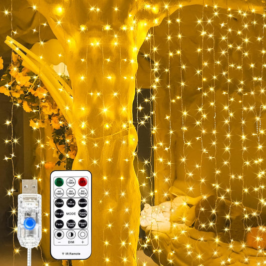 Curtain Light for Bedroom, 200LED 6.6x6.6ft Warm White Window Wall Hanging Fairy Curtain String Light, 8 Modes Remote Fairy String Lights Indoor for Wedding Party Home Garden Decorations