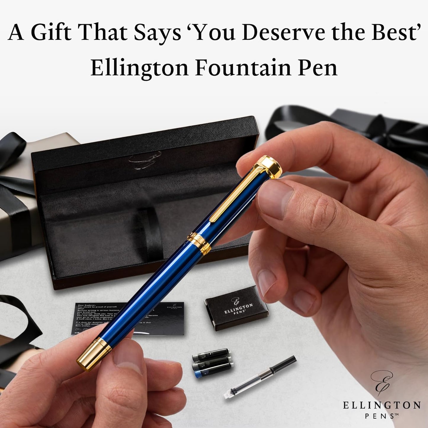 Ellington Pens Luxury Fountain Pen Set- Fountain Pens for Writing - Smooth Medium Nib - Includes Refillable Ink Converter, 3 Ink Cartridges [Black & Blue], Gift Box - Elegant Calligraphy