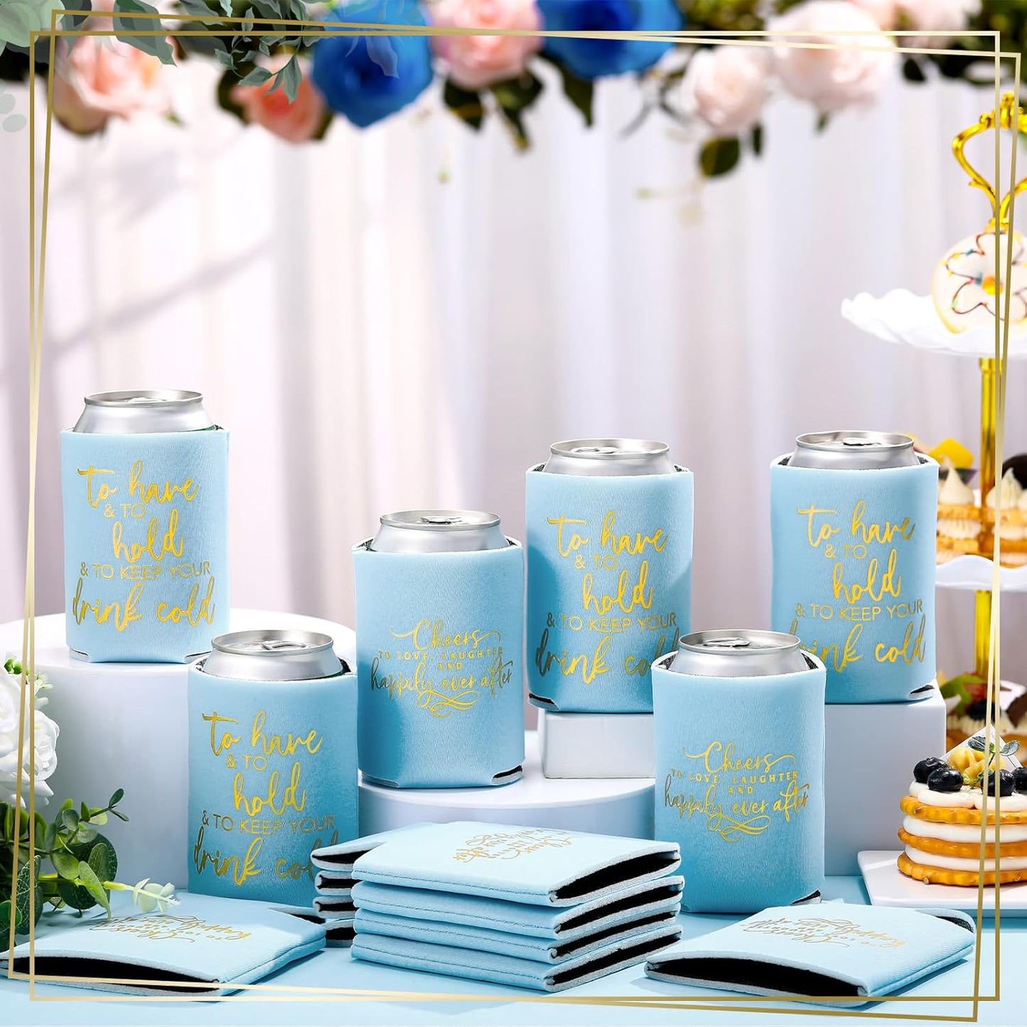 50 Pieces Light Blue Wedding Can Cooler Sleeves Bulk Engagement Party Favors for Guests Cheers to Love Laughter and Happily Ever After Rehearsal Dinner Decorations for Wedding Bridal