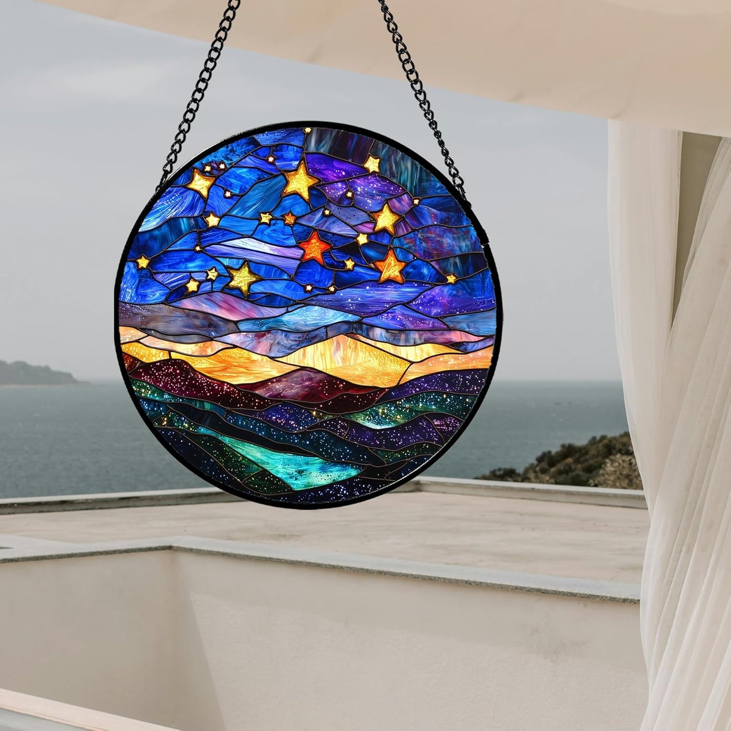 Stained Glass Window Hanging, Blue Sky Gold Stars Abstract Landscape Suncatcher for Doors Window Home Sun Catchers Decor Mother's Day Birthday Gifts for Women, Men Mom 9.8 in