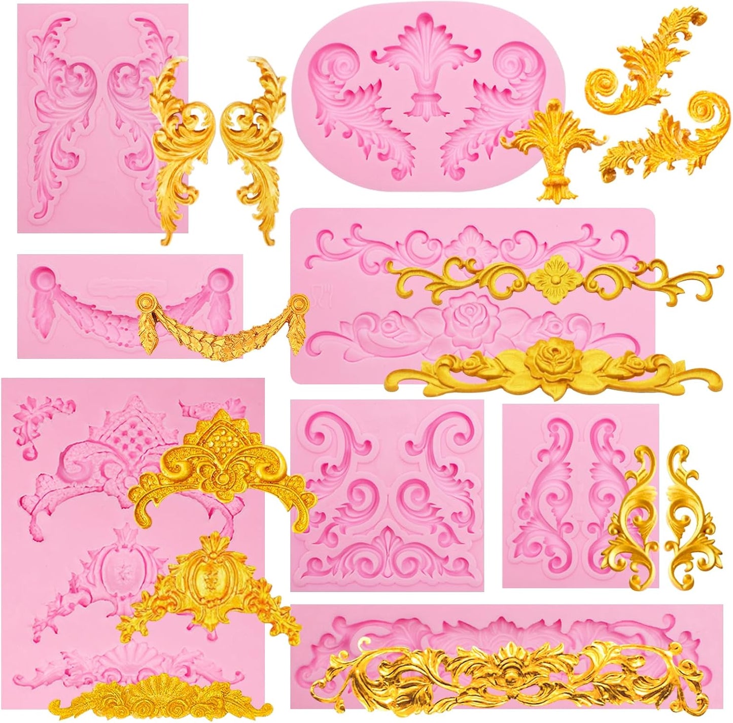 Baroque Scroll Pattern Silicone Craft Molds Border Decorative Silicone Moulds for Crafting polymer clay Fondant Chocolate 8-Piece Set