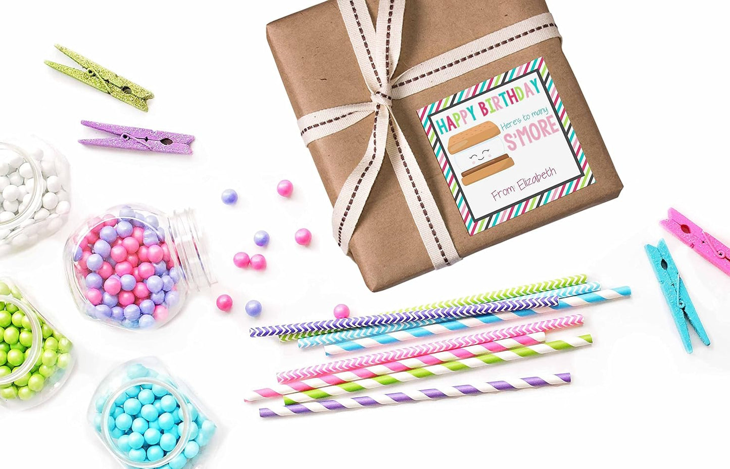 Custom & Personalized Many S'More Happy Birthday Gift Tag Sticker Labels, 24 2.5" Square Stickers by Amanda Creation