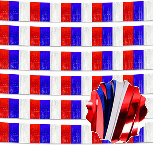 6 Pack 10 Ft White Blue Red Foil Fringe Garland Metallic Streamers Tinsel Banner Wall Hanging Garland Backdrop for Parade Floats, Halloween, Christmas, Thanksgiving, New Year Party Decorations