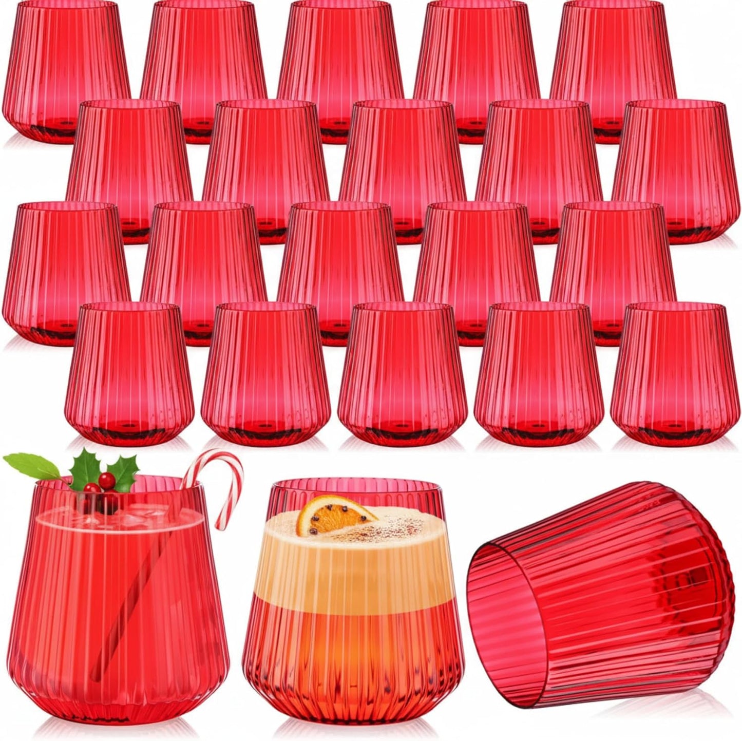 Suclain Plastic Wine Glasses Ribbed Stemless Wine Glasses 14oz Vertical Design Unbreakable Cups for Outdoor Indoor Vintage Elegant Champagne Whiskey Cups for Party Wedding(Red,50 Pcs)