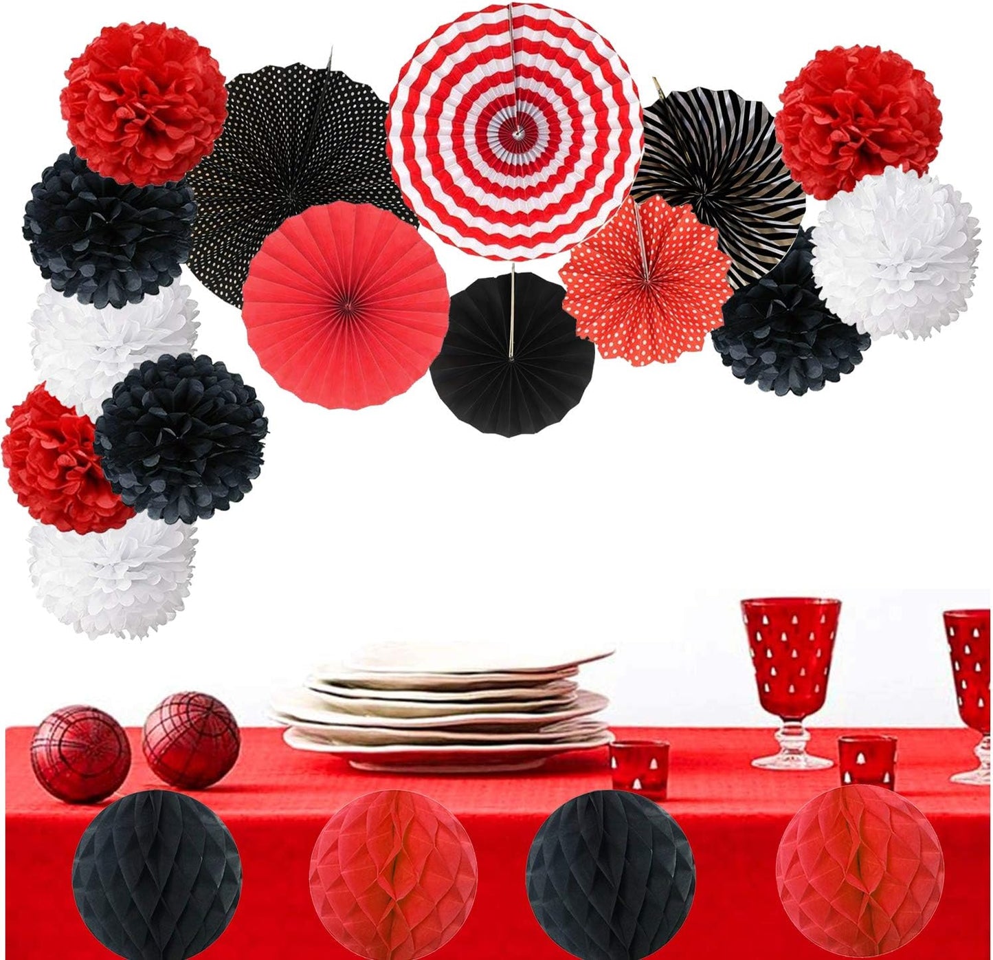 Hanging Paper Fan Set, Tissue Paper Pom Poms Flower Fan and Honeycomb Balls for Birthday Baby Shower Wedding Festival Decorations - Red Black and White