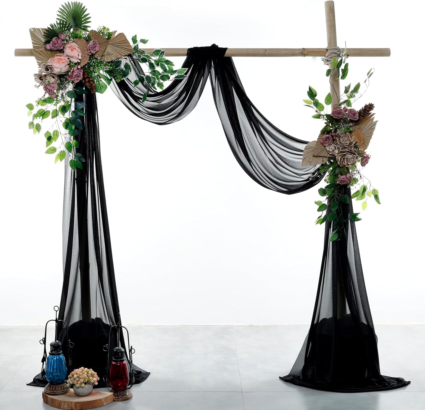 VDS Pack of 2 Panel (30 Inch X 40 Feet) Wedding Arch Draping Fabric Sheer Chiffon Fabric Drapery for Wedding Ceremony Reception Swag Backdrop Canopy Chuppah ARBO Altars Decoration (Black)