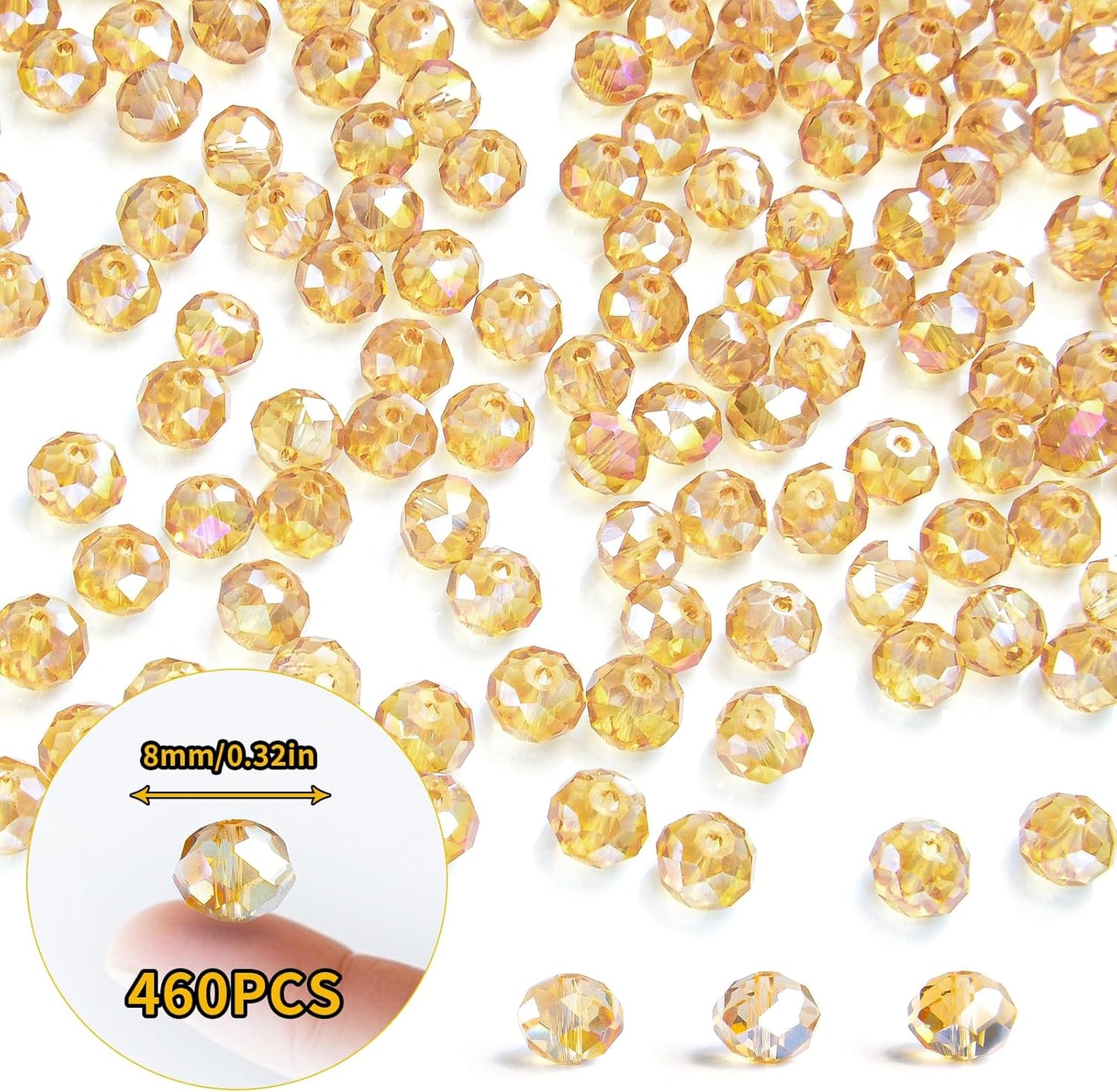 460Pcs 8mm Crystal Glass Beads for Jewelry Making Beads for Bracelets Necklace Pendants Making Supplies(Gold Champagne)