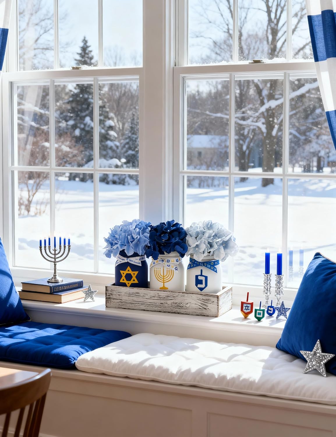 Hanukkah Decorations for Home, Chanukah Table Decor with Mason Jars, Hydrangea, Wood Tray, Hanukkah Gifts Table Centerpieces, 25 Pcs Chanukah Decorations Indoor for Living Room Bedroom
