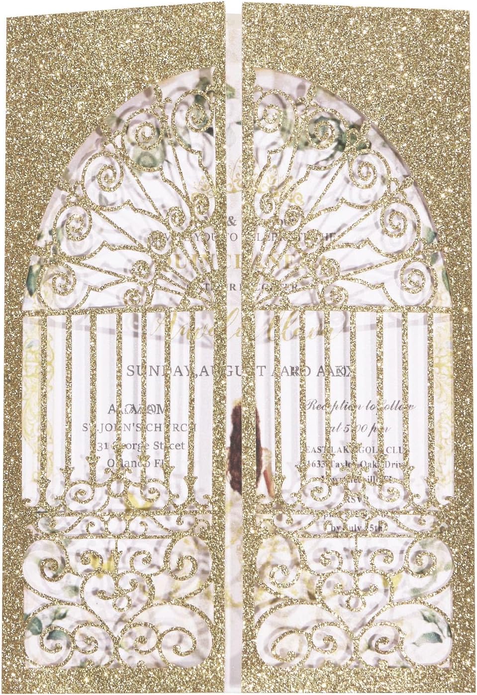 25Pcs Light Gold Glitter Laser Cut Wedding Invitation Kits with Envelopes and RSVP Cards Personalized Invitations for Sweet 16 Baby Bridal Shower Engagement Quinceanera Invite