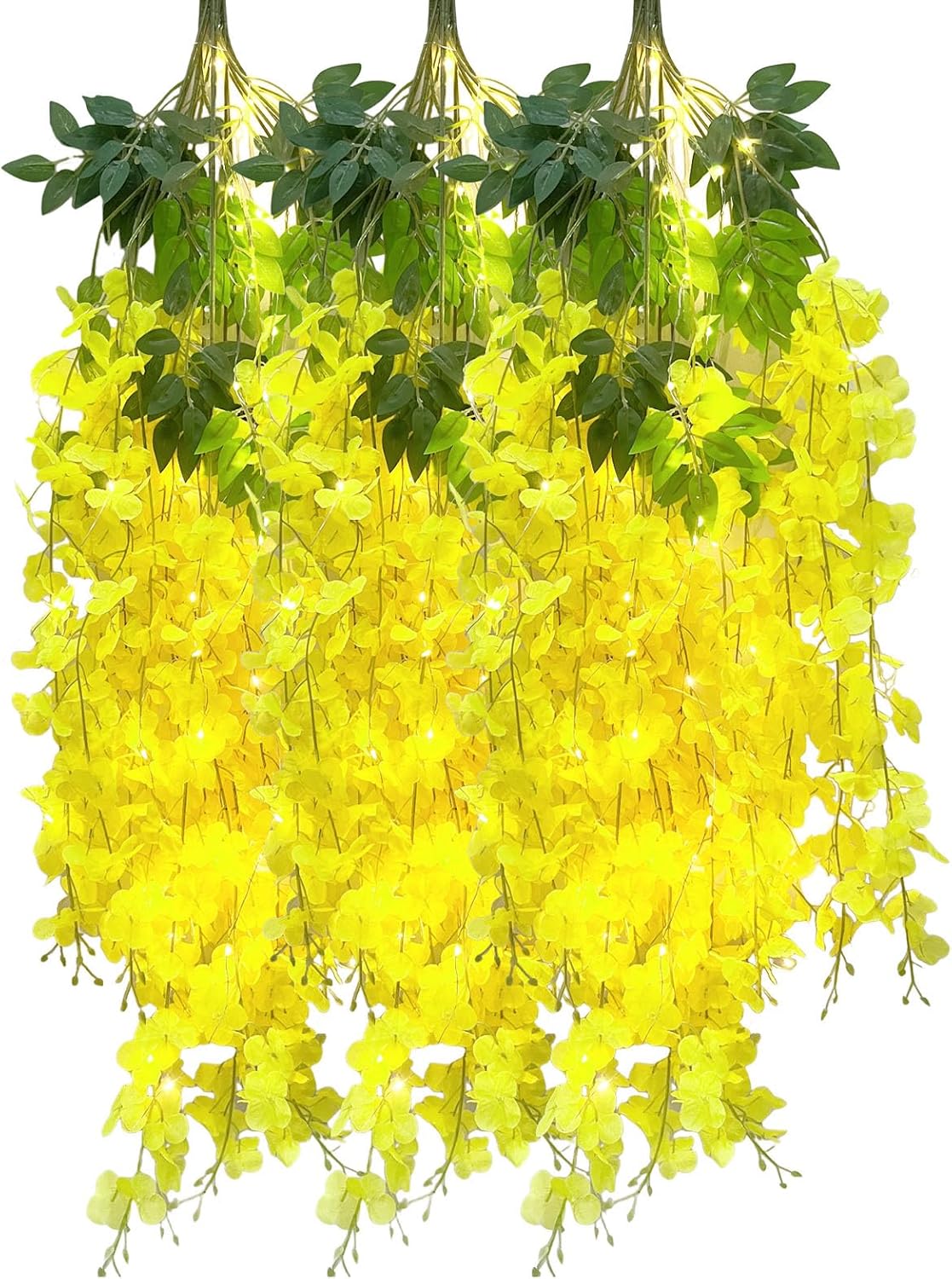 12 Pack Yellow Wisteria Hanging Flowers Garland with Lights, 3.44 Feet Artificial Flower Vines, Fake Wisteria, Artificial Vines Hanging Garland for Backdrop Outdoor Patio Garden Decor