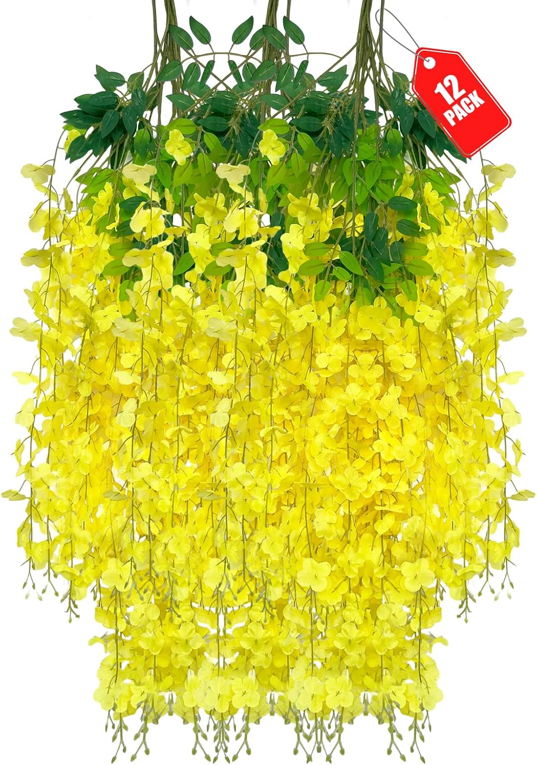 12 Pack Yellow Wisteria Hanging Flowers, 3.44 Ft Fake Hanging Flowers, Artificial Wisteria Garland Vines for Wedding Room Backdrop Outdoor Patio Garden Decoration