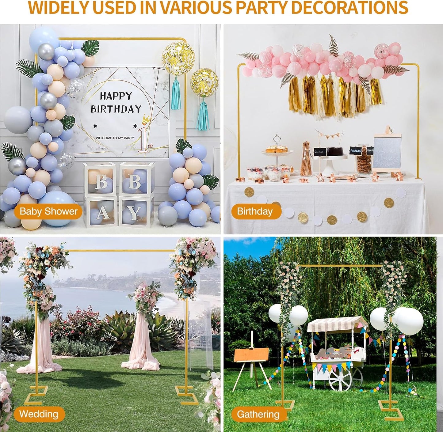 8.2FT Square Arch Backdrop Stand,Metal Gold Backdrop Stand Heavy Duty Adjustable,Extra 2 Clamps Change Over The Table Rod Stand,Wedding Balloon Arch Stand for Baby Shower Parties Decoration