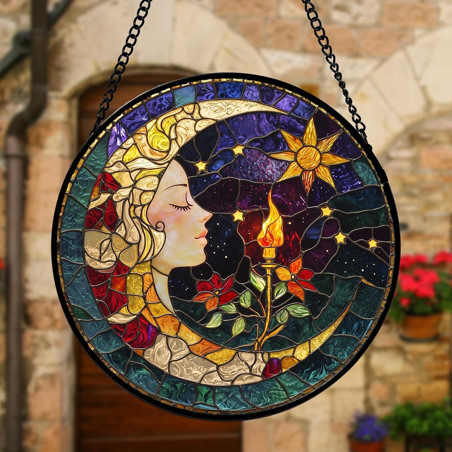 Stained Glass Window Hanging, Moon Goddess Torch Suncatcher Diamond Glass Panel Hangings Dream Sun Catchers Decor for Birthday for Women, Men, Wife, Aunt, and Mom 7.8 in