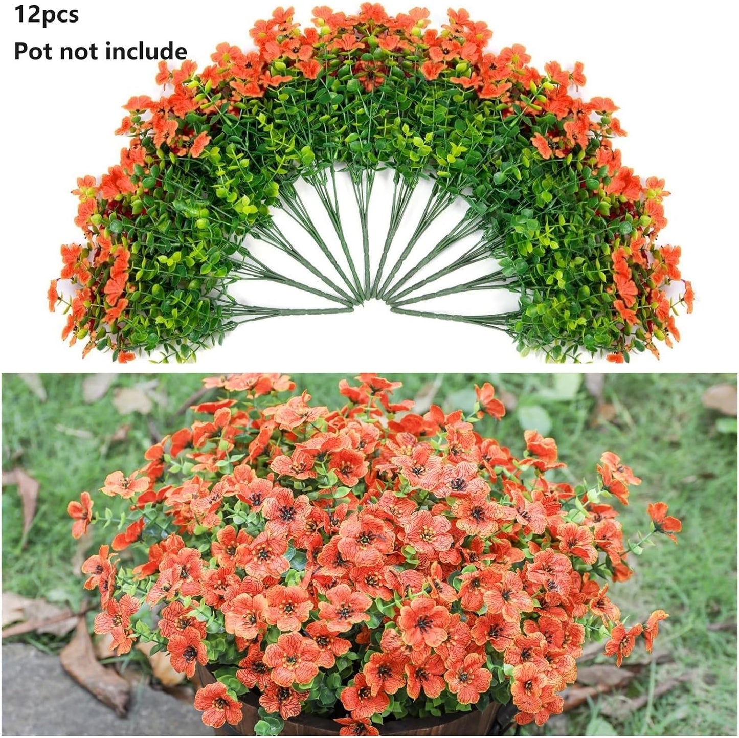 HyeFlora Artificial Fall Flowers Faux Mums for Outdoor Indoor Garden Home Decoration, Faux Flower Daisy with Eucalyptus Leaves Fake Mums Plants Greenery Boxwood Porch Patio, 12 Bundles (Orange)