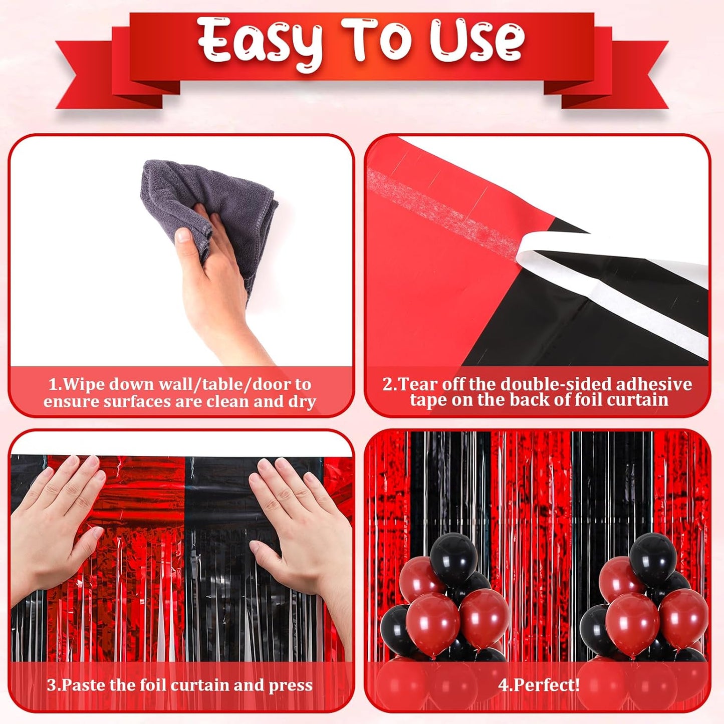 4 Pack 3.3x8.2 Feet Red and Black Foil Fringe Backdrop Curtains, Tinsel Streamers Birthday Party Decorations, Fringe Backdrop for Graduation, Baby Shower, Gender Reveal, Disco Party