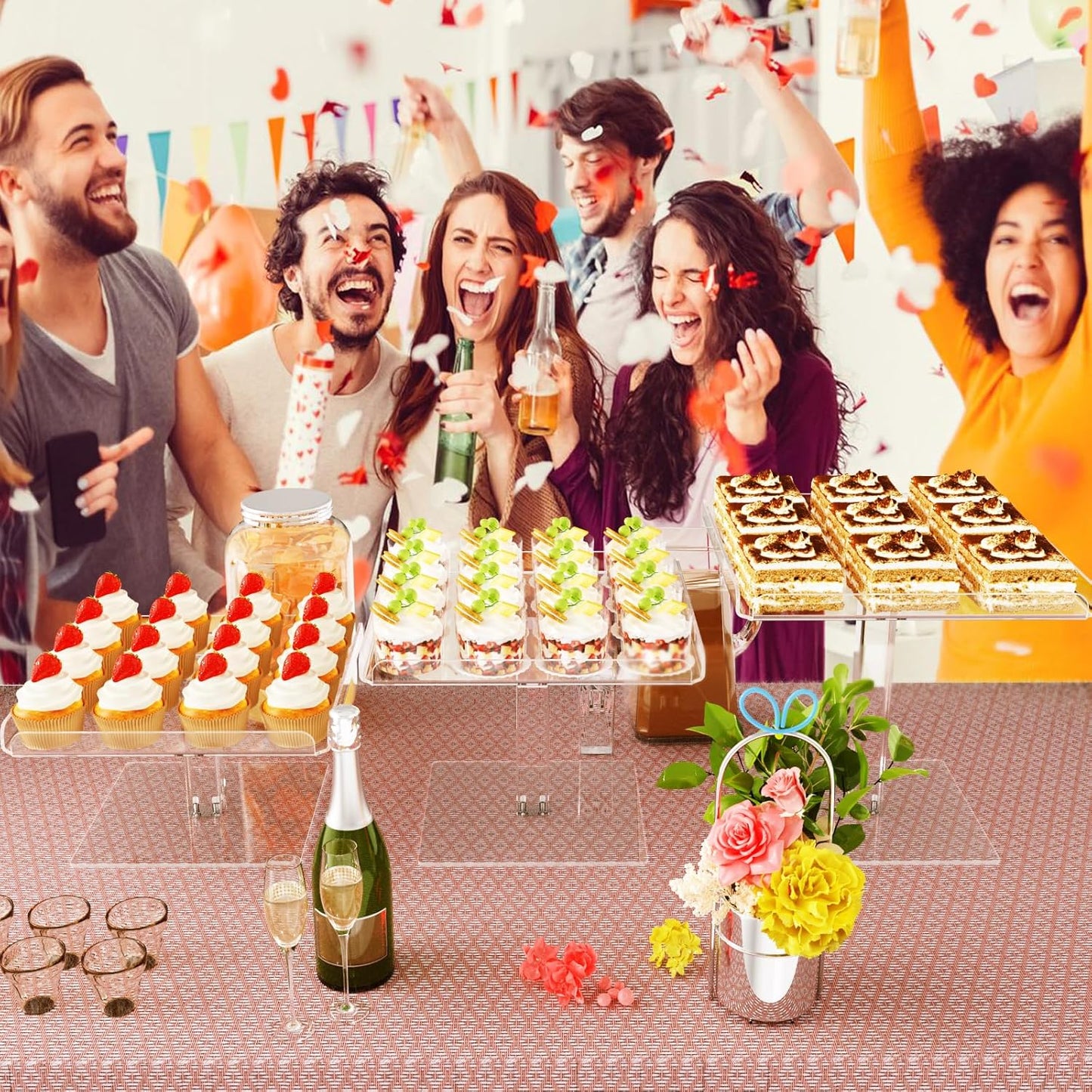 3 Piece Cupcake Stand, Acrylic Dessert Table Display Set, Clear Square Serving Trays for Birthday, Wedding, Baby Shower