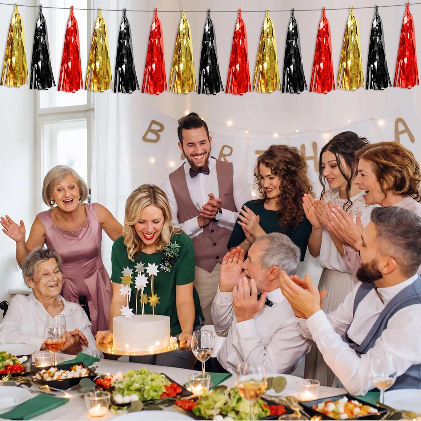 8P Black-Red Gold Foil Fringe Metallic Tassel Garland, Tassels Banner Streamers for Parade Floats, Bachelorette, Wedding, Birthday, Halloween, Christmas, Bridal/Baby Shower Party Decorations