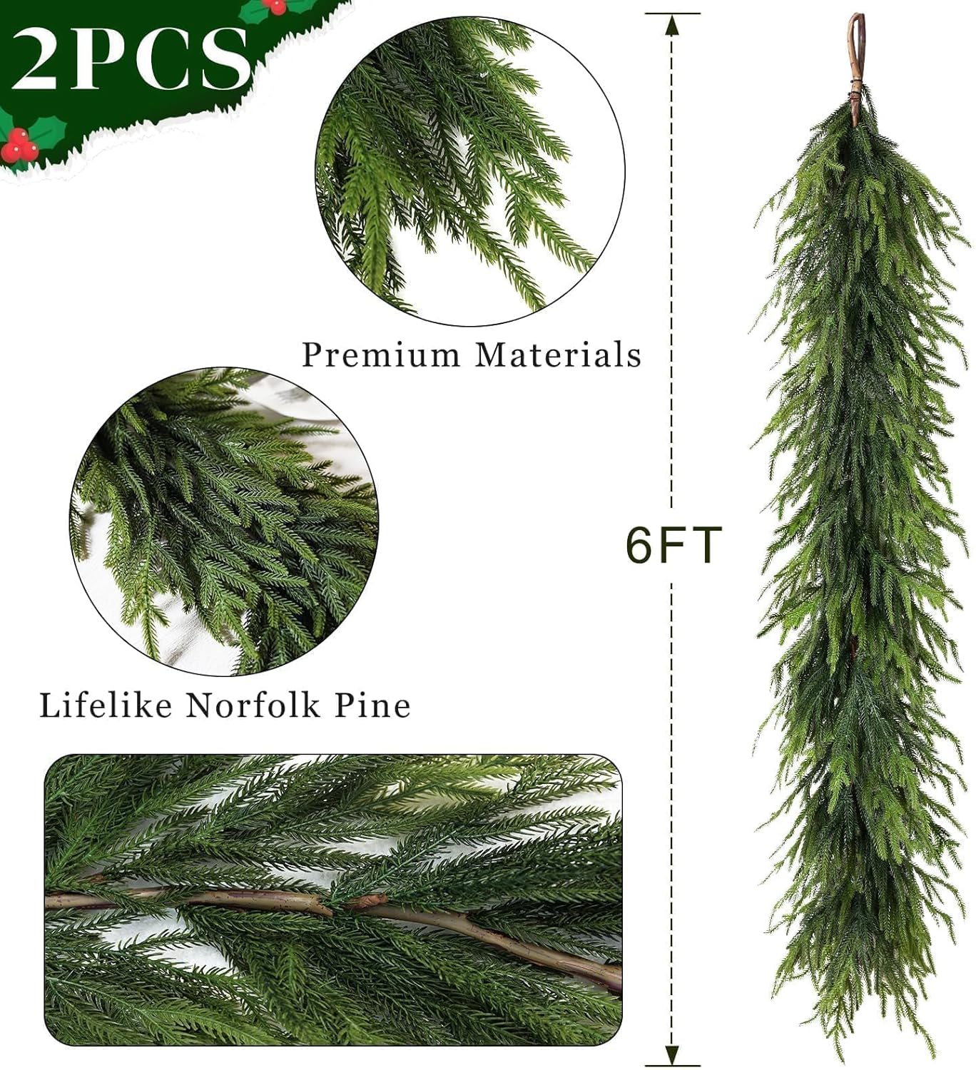 6FT Christmas Artificial Norfolk Pine Garland for Fireplace - Realistic Faux Greenery Fake Garland for Holiday,Table, Window,Mantel,Stairs, Home,Indoor Outdoor Decor (2PCS)