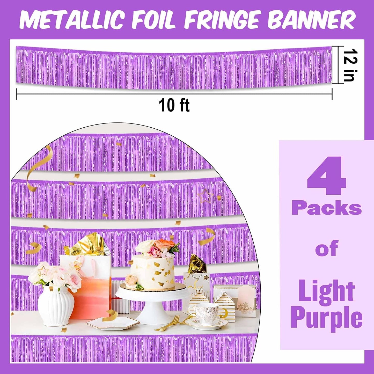 4 Pack 10 Ft Light Purple Foil Fringe Garland Metallic Streamers Tinsel Banner Wall Hanging Garland Backdrop for Parade Floats, Halloween, Christmas, Thanksgiving, New Year Party Decorations