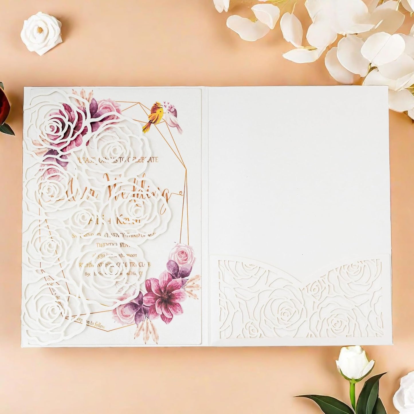 20 Pcs Laser Cut Wedding Invitations Card Pocket with Envelope for Birthday Party Baby or Bride Shower Invite suitable for 5 * 7 Inches Insert Paper (Ivory)