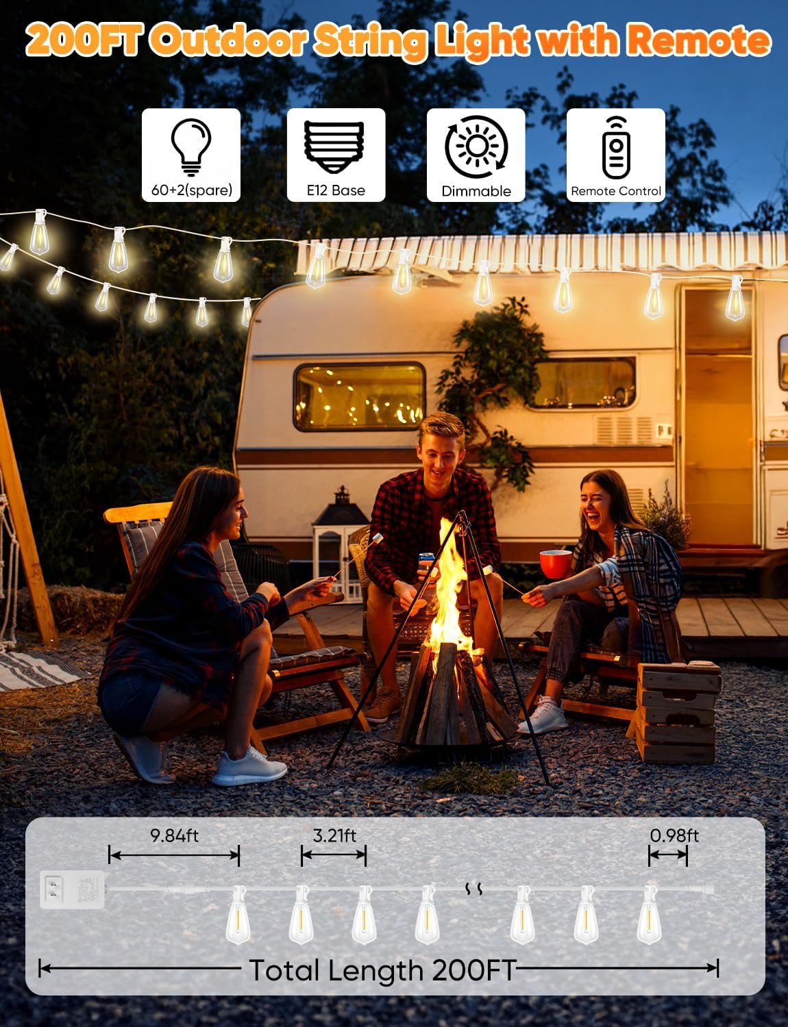 Brightever Outdoor String Lights with Remote, 200FT LED Patio Lights with 62 ST38 LED Filament Bulbs, 3 Lighting Modes, 3H/5H Timer, Waterproof IP65 String Light for Outside, E12 Socket Base, White