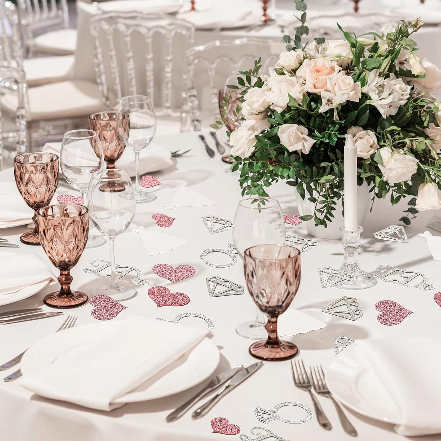 Zhanmai 240 Pieces Wedding Table Confetti, Glitter Rose Gold Heart Silver Diamond Ring I Do Scatter Party Table Decoration for Bridal Shower Engagement Bachelorette Party Decor