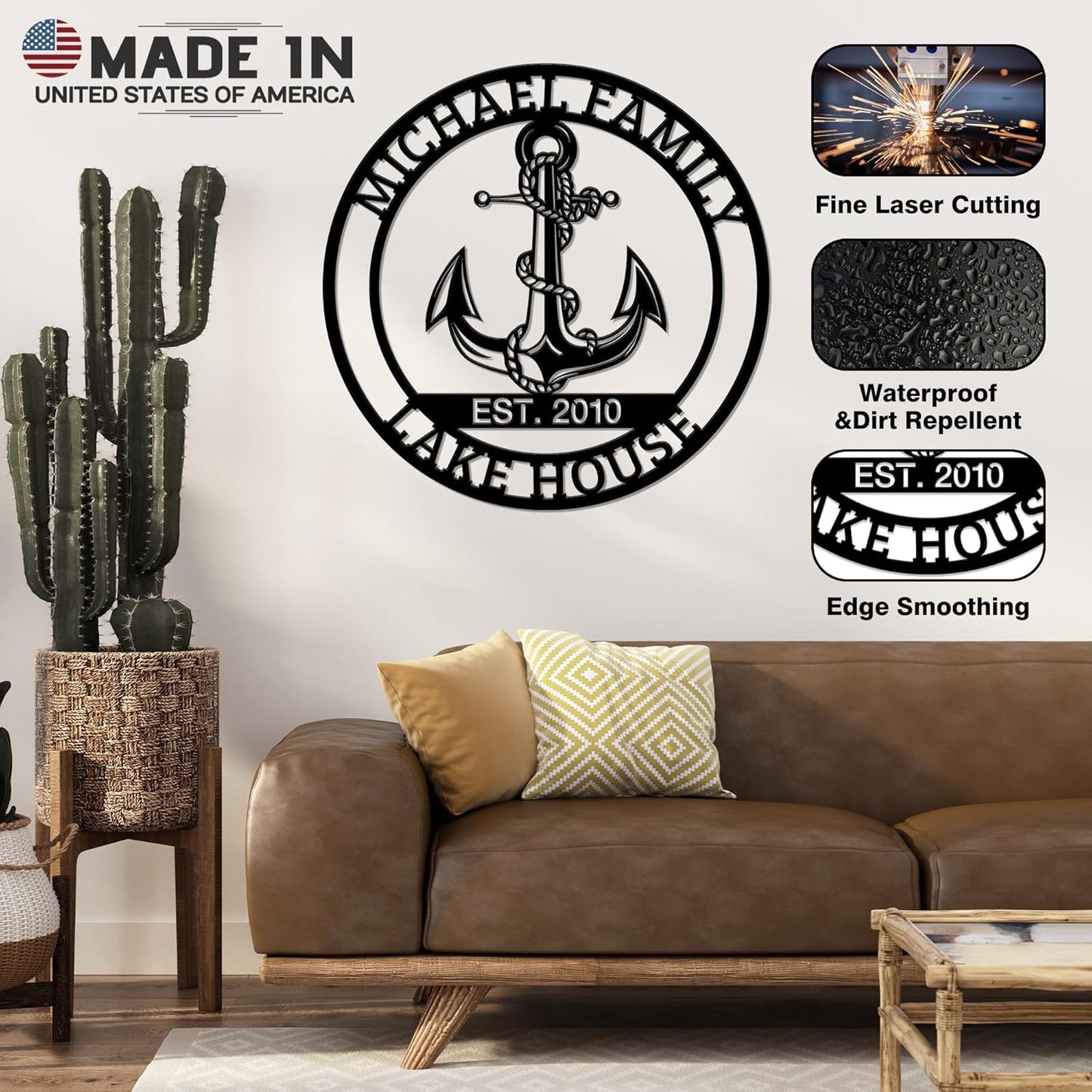 Personalized Metal Anchor Sign, Custom Family Last Name Sign, Nautical Outdoor Monogram Wall Art, Coastal Beach House, Lake House Decor, Housewarming Christmas Wedding Gifts