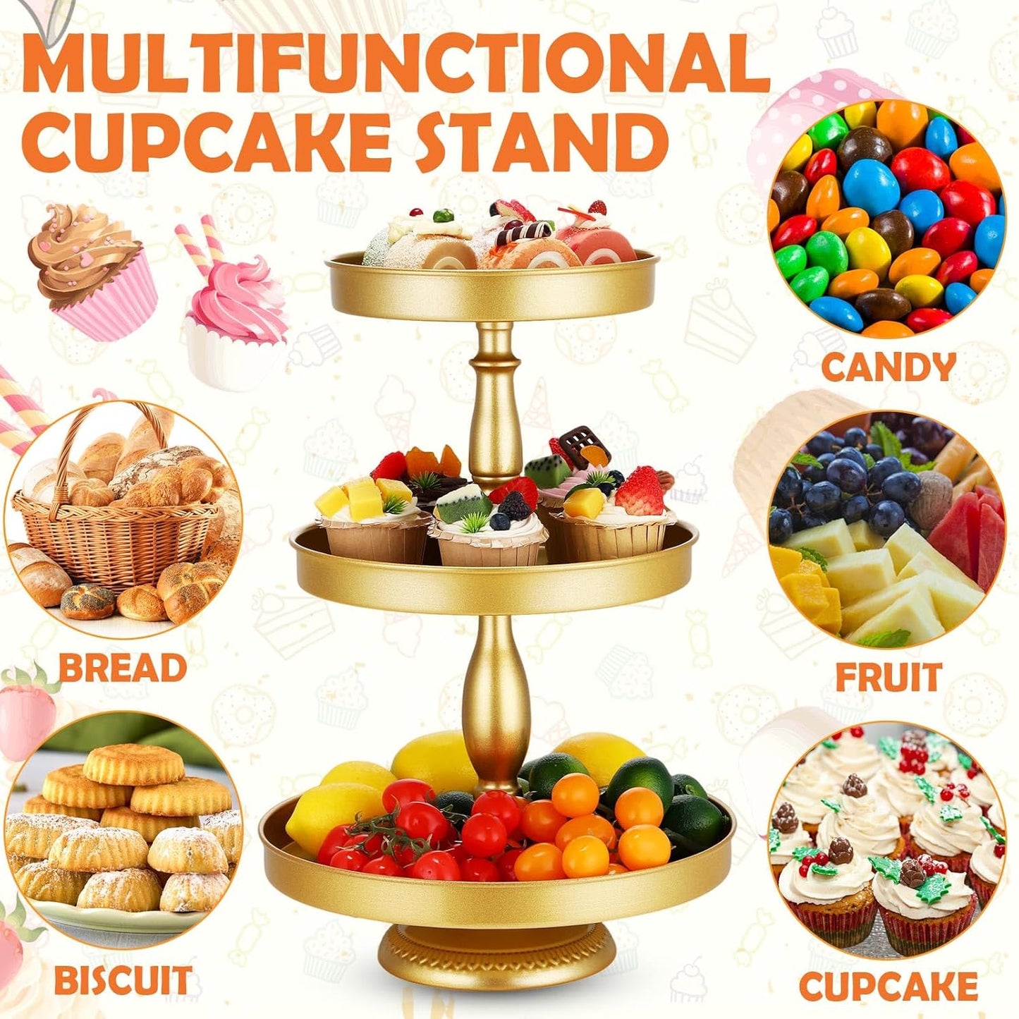 Maxdot 2 Pcs 3 Tier Cupcake Stand Holder, Round Cupcake Stand Serving Tray, Metal Tiered Tray Pastry Dessert Cake Tower Display Stand for Baby Shower Tea Party, Wedding and Birthday (Gold)