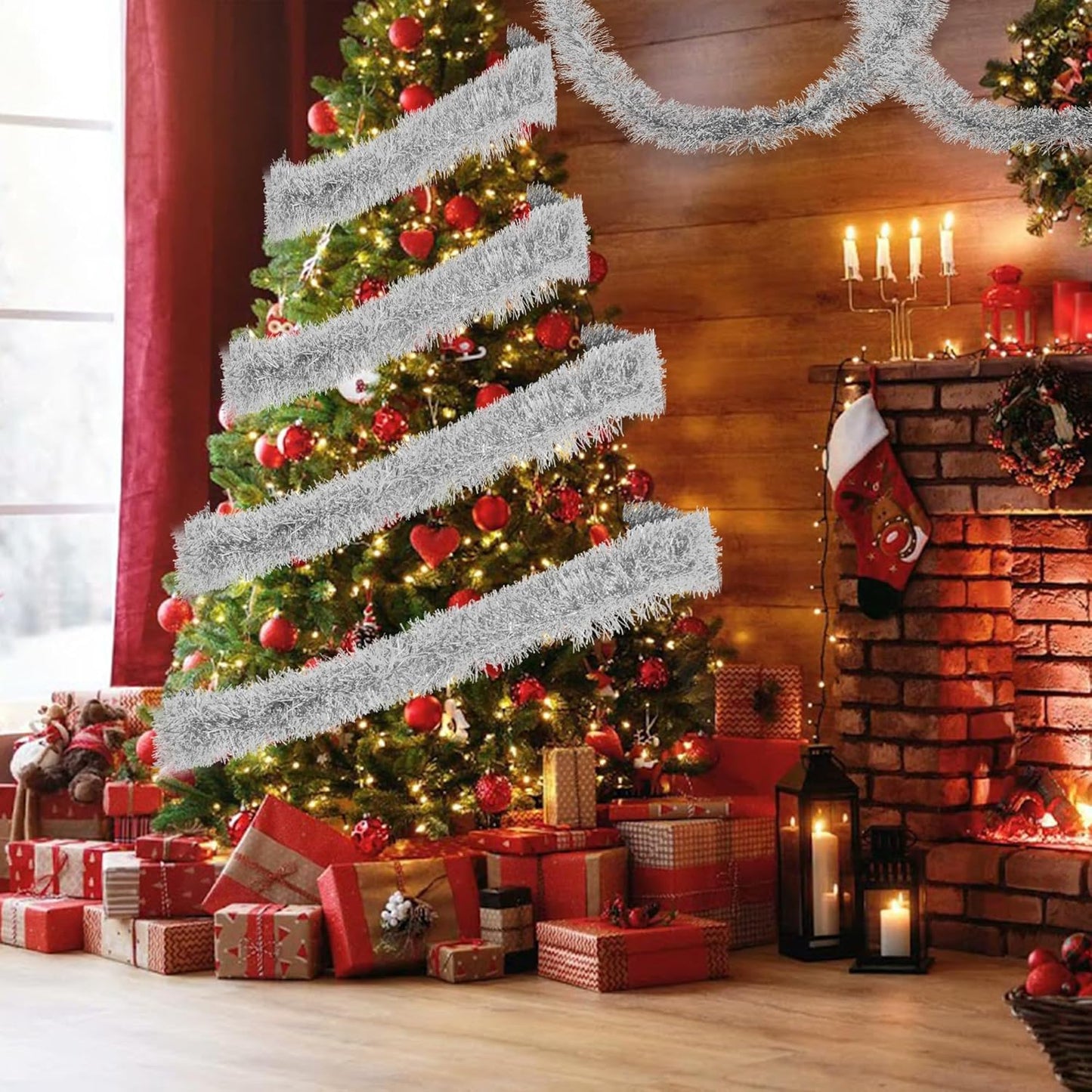 32.8 Ft Silver Christmas Tinsel Garland Metallic Shiny Tassle Banner Wall Hanging Tinsel Streamers Backdrop for Christmas Holiday Birthday Supplies Indoor Outdoor Ornaments Home Decor