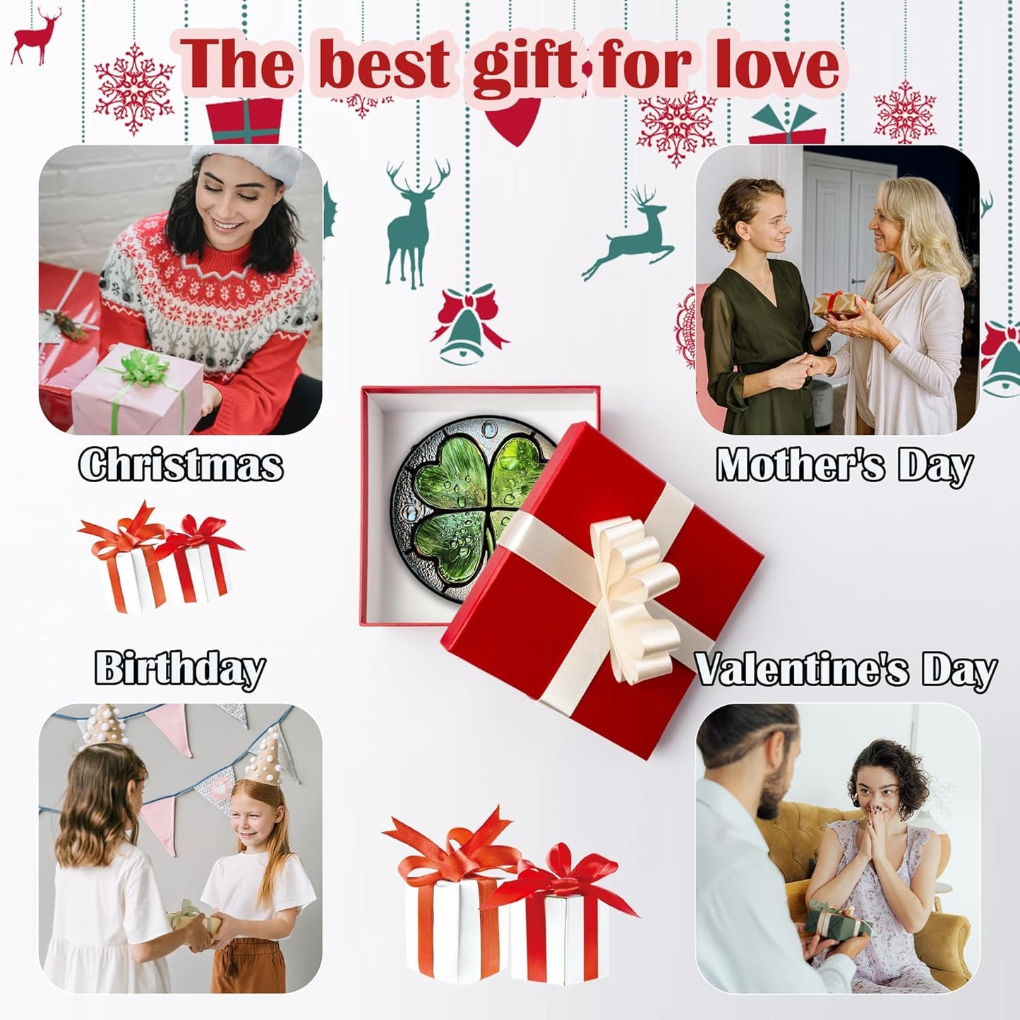 Stained Glass Window Hanging, Green Silver 4 Leaf Clover Sun Catcher for Window Door Home Decor Plant Suncatcher Christmas Mother's Day Birthday Gifts for Women Men Mom Nana 15 in