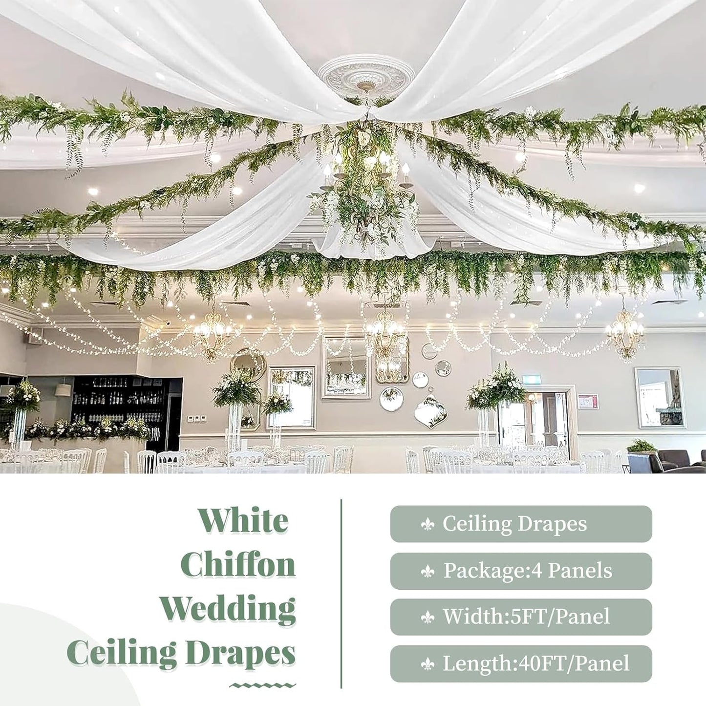 4 Panels White Wedding Ceiling Drapes 5ftx40ft Ceiling Drapes Chiffon Fabric Arch Draping Sheer Curtains Soft Drapery Draping Wedding Ceiling Decorations for Party Ceremony Stage Swag