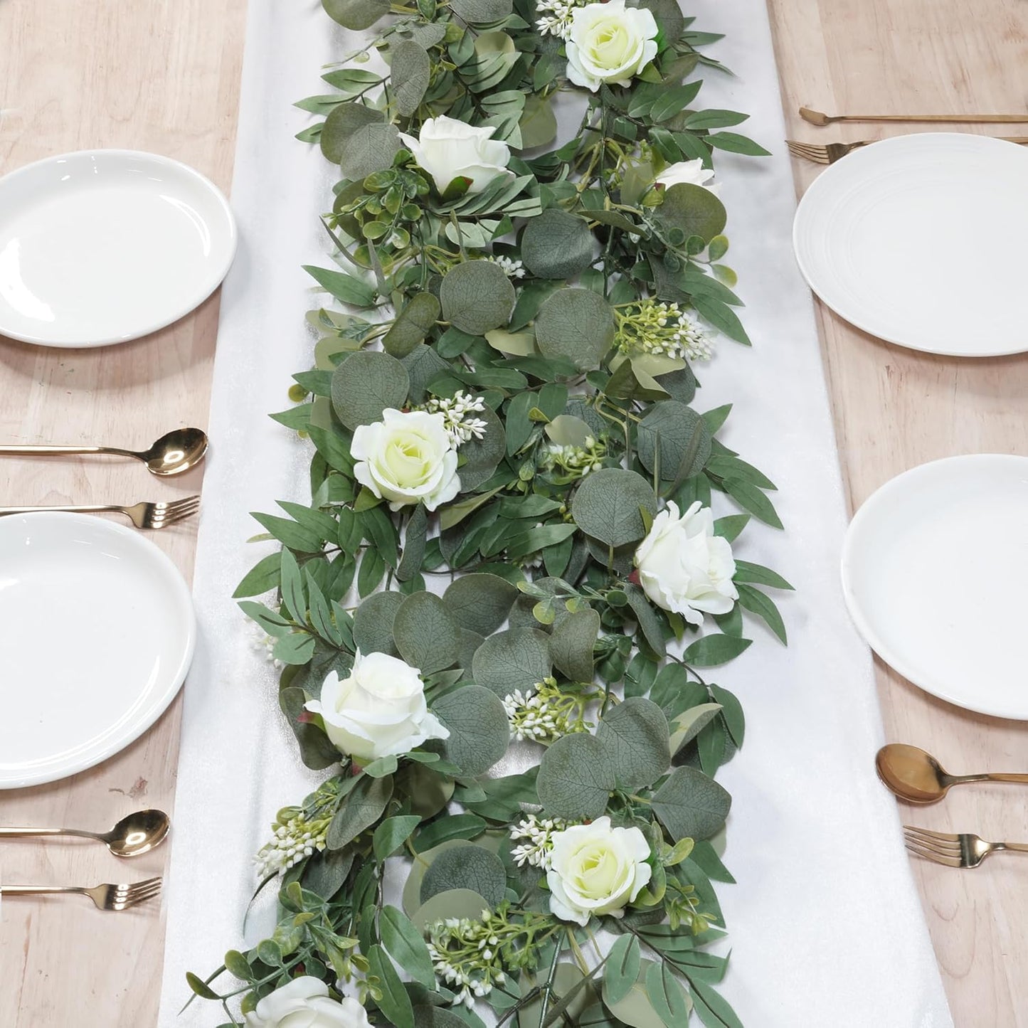 2 Pack 13Ft Artificial Eucalyptus Flower Garland with White Roses, Fake Rose Flower Greenery Garland Floral Vines for Wedding Home Party Table Runner Decor (White)