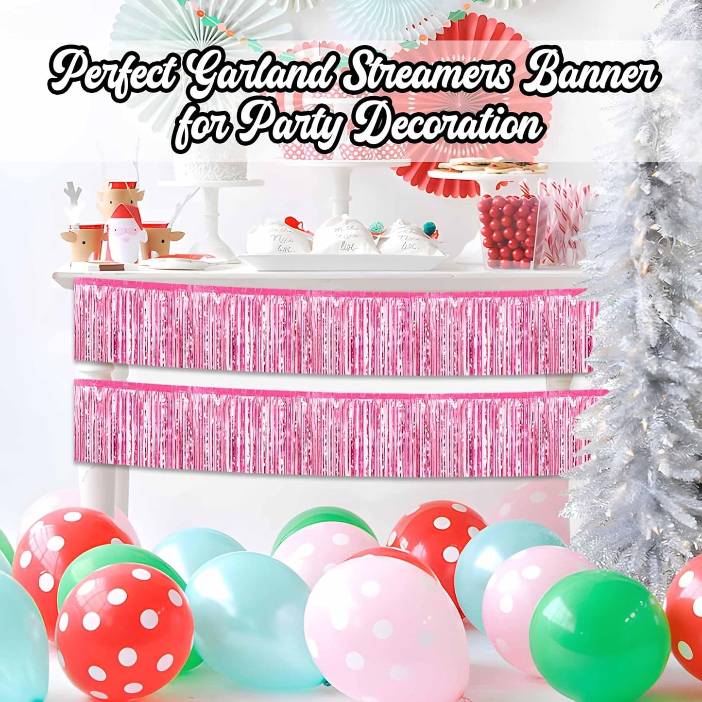 4 Pack 10 Ft Pink Foil Fringe Garland Metallic Streamers Tinsel Banner Wall Hanging Garland Backdrop for Parade Floats, Halloween, Christmas, Thanksgiving, New Year Party Decorations