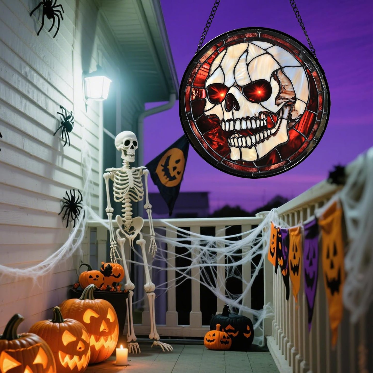 Stained Glass Window Hanging - Halloween Decorations White Skeleton Suncatcher for Doors Garden Indoor Spooky Funny Red Sun Catchers Gothic Decor Horror Gifts for Women Men Friend 6.3 in