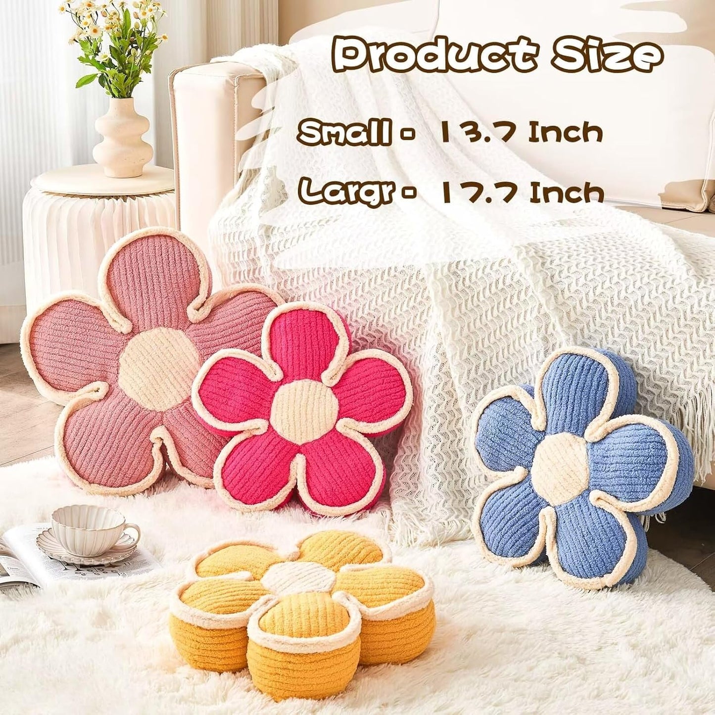 Flower Pillow, Soft Flower Shaped Floor Cushion, Flower Decorative Throw Pillow, Cute Flower Seating Cushion, Flower Room Décor Plush Pillows for Sofa Couch Bed (13.7 Inch, Pink)