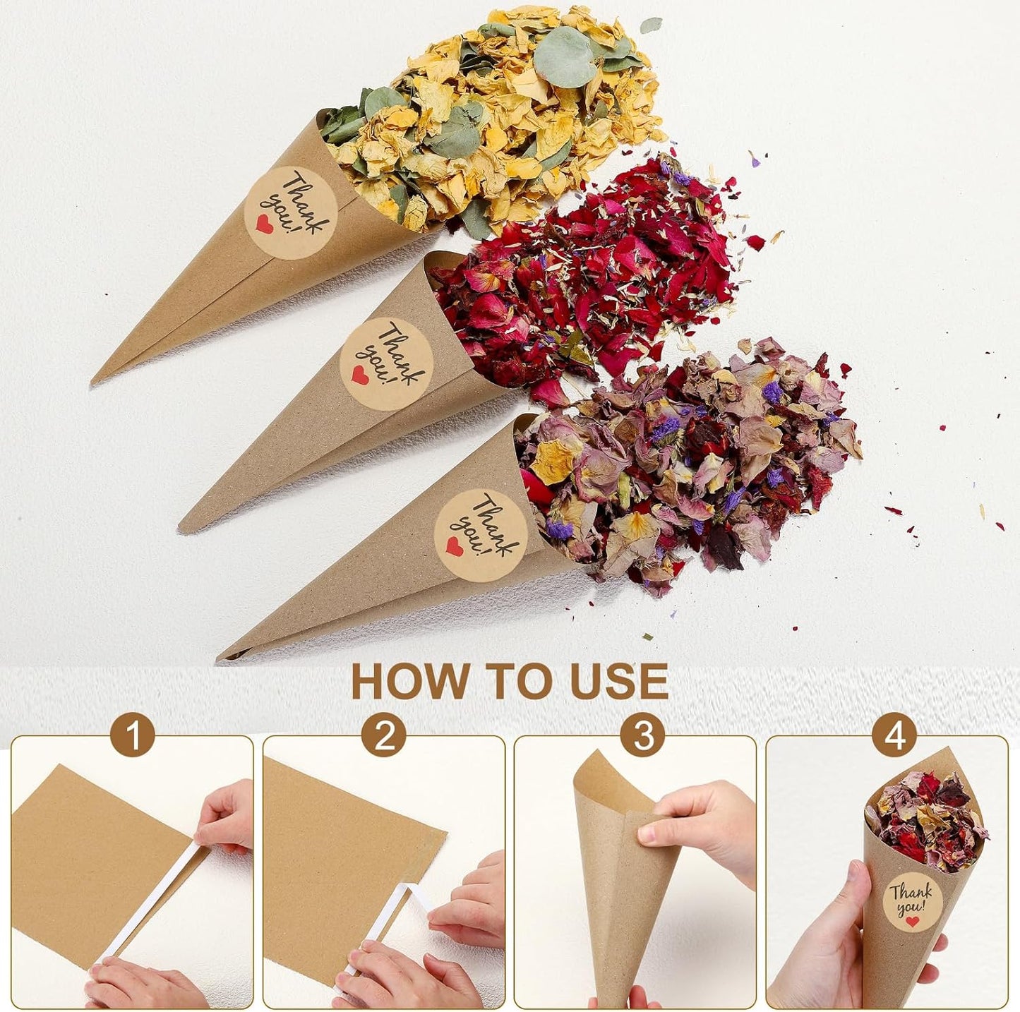 PATIKIL Dried Flower Confetti Cones, 30Pcs Paper Tapers Cone Holder with Dried Rose Petal / Sticker for Wedding Party Engagement Birthday DIY Decoration, Purple
