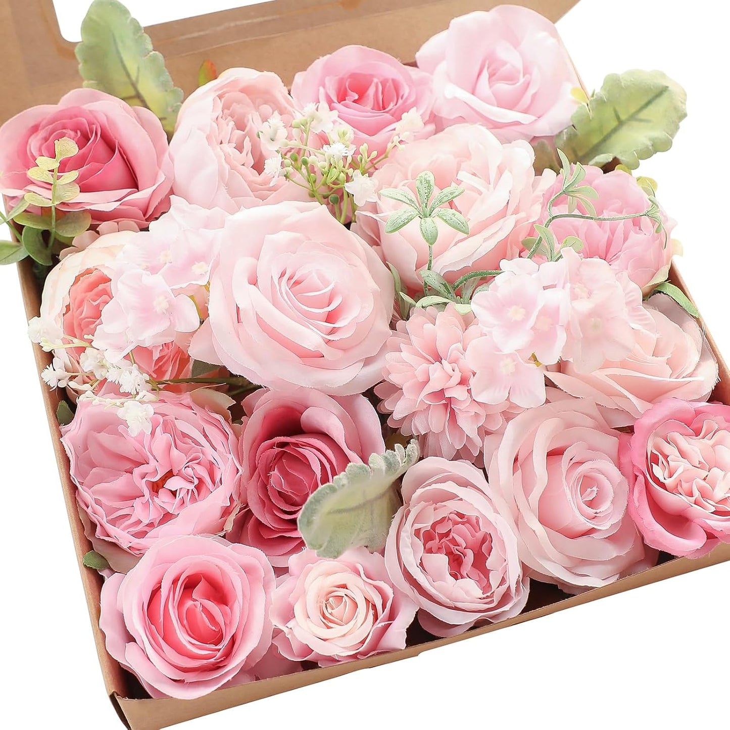 Floroom Blush Artificial Flowers Fake Roses Peonies Dahlia and Greenery Combo Box Set for DIY Pink Wedding Bouquets Bridal Shower Centerpieces Floral Arrangements Party Tables Home Decorations