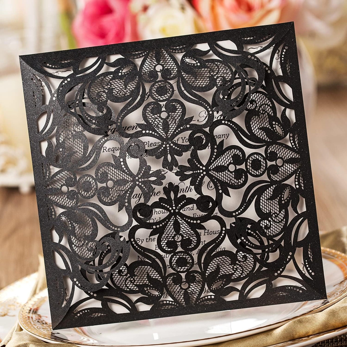 Hosmsua 50PCS Personalized Black Laser Cut Hollow Lace Rose Invitation Cards with Envelopes 6.3 x 6.3 Inch Wedding Invitations for Engagement Wedding Invite (Customized Printed)